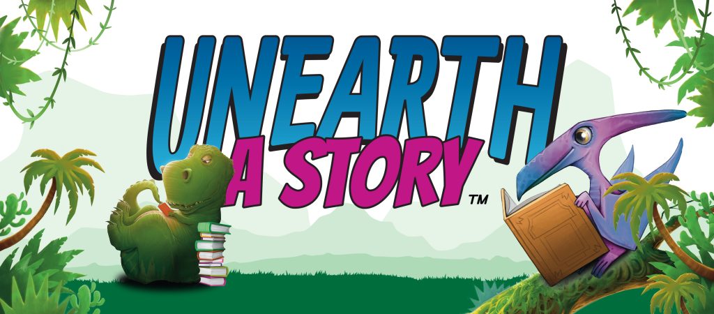 Unearth a Story. cartoon dinosaurs reading books